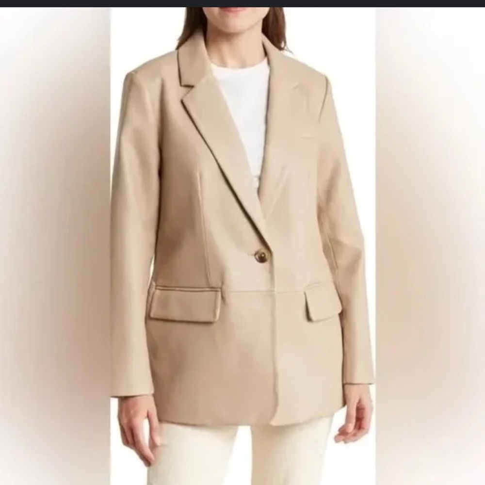 NWT BCBGmaxazria Latte Tan Faux Vegan Leather Oversized Fit Minimalist Blazer L